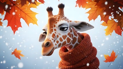 A giraffe wearing a cozy sweater surrounded by autumn leaves and snowflakes in a serene winter scene with a blue background