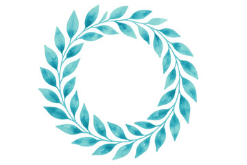 Obraz premium Watercolor teal foliage wreath, circular frame with natural leaf branches, transparent background