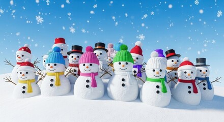 Christmas Snowmen Group with Colorful Hats and Scarves in Falling Snow