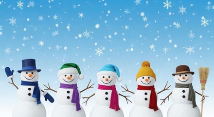 Five cute cartoon snowmen with colorful hats and scarves under falling snowflakes on blue background