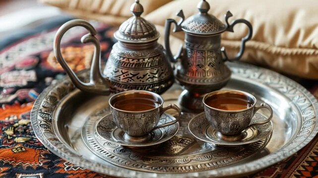 Traditional Turkish Coffee Set with Ornate Cups and Metal Tray