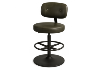 Olive green leather bar stool with backrest and footrest, featuring adjustable height on a transparent background