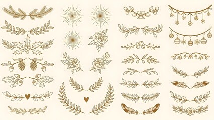 Collection of various gold floral and leafy decorative elements and borders on beige background
