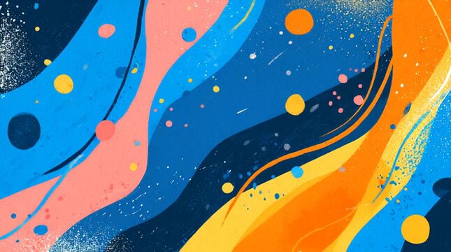 Vibrant abstract background dominated by bright blue, accented with coral orange, light pink, and soft yellow, featuring dynamic curves and playful layout, inspired by Jessica Walsh, bold, balanced