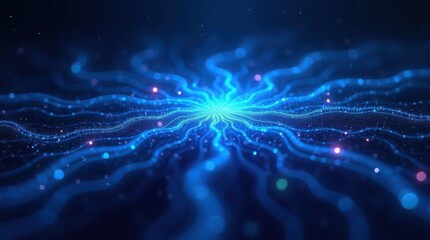 Abstract glowing blue energy network with particles, representing data flow and connections in a digital universe