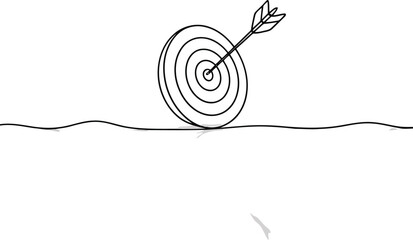 A clean single continuous line drawing shows a target with an arrow hitting its bullseye