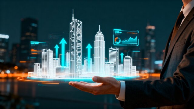 Businessman with futuristic cityscape hologram - Powered by Adobe