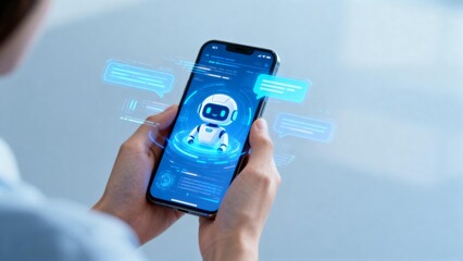 Person holding smartphone with robot avatar