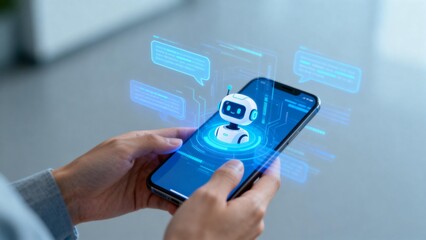 Person holding smartphone with robot avatar