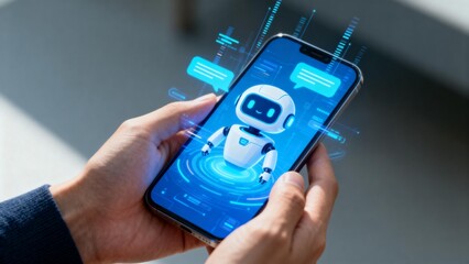 Person holding smartphone with robot avatar