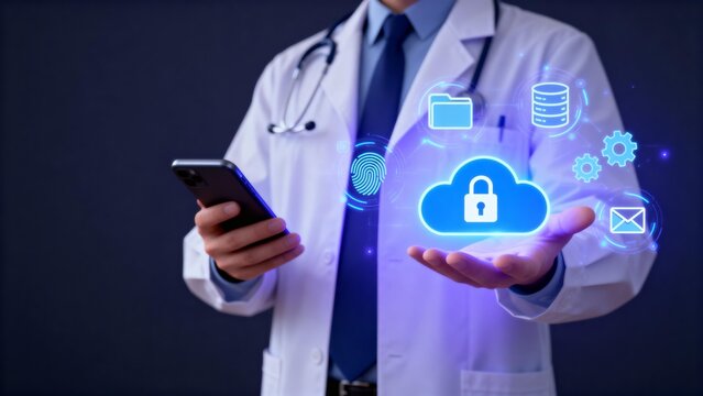 Doctor with digital security icons - Powered by Adobe