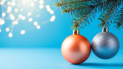 Close up of bright orange and silver christmas ornaments hanging from pine branches with blue bokeh lights