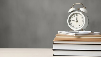 Naklejka premium A stack of books with an alarm clock on top sitting on a table against a gray wall background