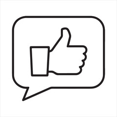 Simple line art icon of a thumbs up in a speech bubble