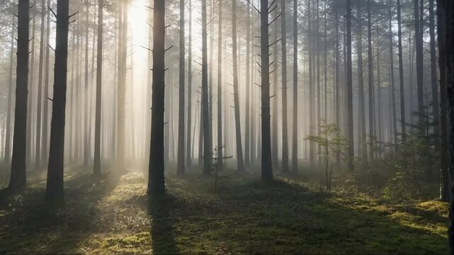 Serene Foggy Forest with Sunlight Filtering Through Tall Trees in Tranquil Nature Scene