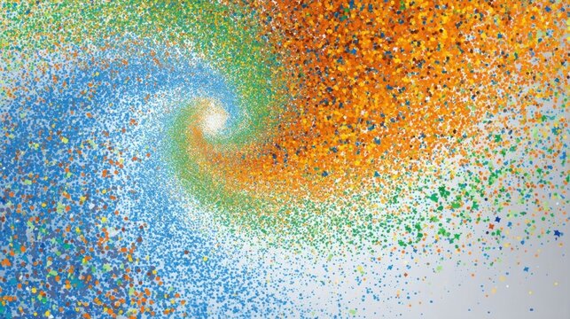 A spiraling vortex of colorful dots creates a dynamic flow of energy, transitioning from blue to green, yellow,