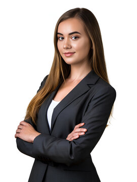Confident young woman in dark blazer standing with folded arms.