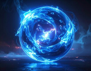 Illuminated blue energy sphere, crackling with light and swirling smoke
