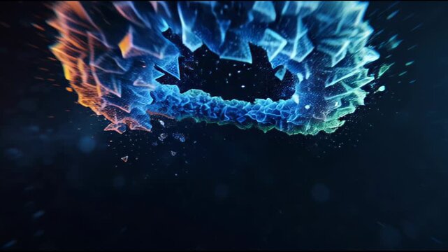 Abstract logo reveals floating geometric light shapes in a dark space.
