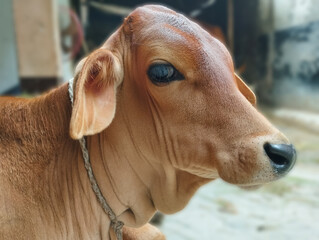 A Close-Up Side Profile of a Gentle Brown Calf Looking Away