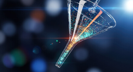 Abstract futuristic concept of a transparent funnel filtering colorful particles, representing data streams and technological processes. Soft bokeh and lens flare add a dynamic visual effect.
