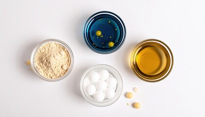 Assorted cosmetic or medicinal ingredients in small glass bowls on white surface