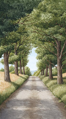 A Serene Landscape Journey: Tranquil Pathways Through Lush Green Fields and Towering Trees Beneath a Clear Sky