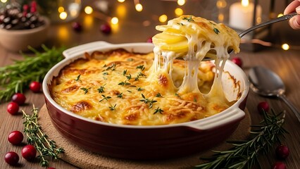 Delicious cheesy potato gratin being served with a spoon at Christmas casserole dish