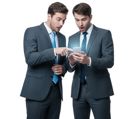 PNG. two businessman standing together. Two businessmen standing and watching something from a smartphone on transparent png background.