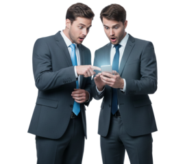 PNG. two businessman standing together. Two businessmen standing and watching something from a smartphone on transparent png background.