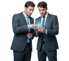 PNG. two businessman standing together. Two businessmen standing and watching something from a smartphone on transparent png background.