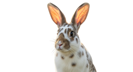 Rabbit with spotted fur and long ears looking forward.