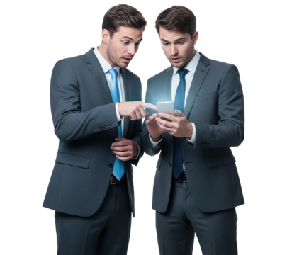 PNG. two businessman standing together. Two businessmen standing and watching something from a smartphone on transparent png background. - Powered by Adobe