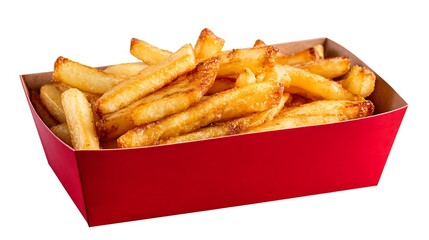 Fried potatoes in a red carton box on a plain background with clipping path and sharp focus.