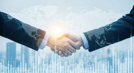 Close-up of two businessmen in dark suits shaking hands, illuminated by a bright sun flare. Overlaid are city skyline and financial data graphs.