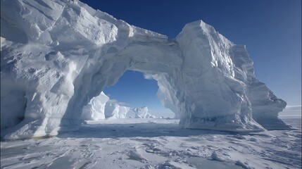 Frozen archway spans a vast, white landscape under a vibrant blue sky.
