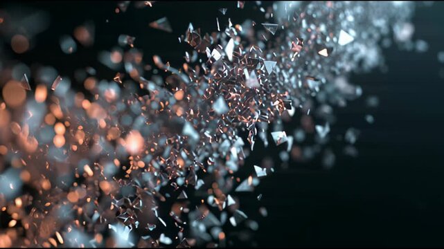Abstract material disintegration effect made of soft fragments flying apart rapidly
