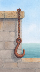 Rusty Hook on a Coastal Wall: A Nautical Element Capturing the Essence of Maritime Transport and the Beauty of Industrial Design Against a Serene Seaside Background