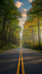 Fototapeta premium Scenic asphalt road lined with vibrant autumn trees leading towards a sunny sky
