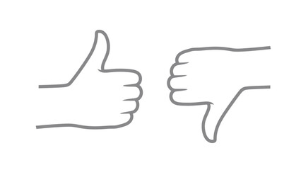 Vector illustration of Simple outline graphic of two hands, one showing a thumbs up gesture of approval and the other a thumbs down gesture of disapproval on a white background