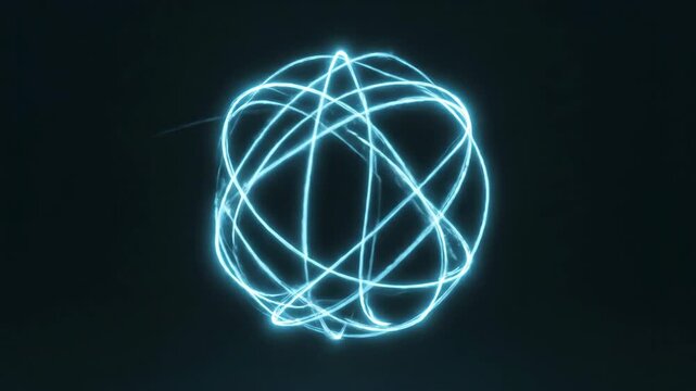 A luminous blue sphere is orbited by a ring of light in this glowing design set against a dark background