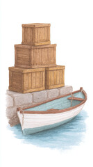 Tranquil Scene of a Wooden Boat with Stacked Crates on a Dock: Perfect Natural Escape for Travelers and Nature Lovers