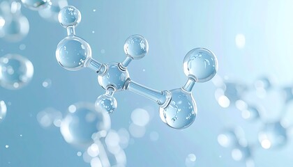 Abstract molecular structure with transparent blue spheres representing scientific research and chemistry data