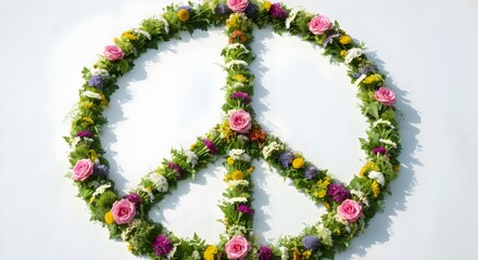 Peace sign made of flowers on a white background. Symbol of peace.