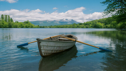 Obraz premium Serene wooden rowboat floats peacefully on a calm lake reflecting the blue sky and distant mountains.