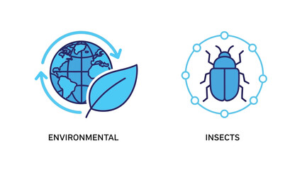 Vector illustration of Blue stylized icons of planet earth with leaf and arrows representing environmental protection, and a beetle insect within a circle of dots symbolizing nature