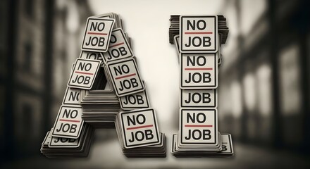Highly rendering of job loss sale percentage symbol "AI" made of no job signs with blur background