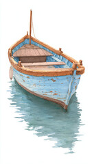 A Serene Blue Boat on Water: Captivating Watercolor Artwork Capturing Tranquility and Nature's Beauty in Transport and Maritime Themes
