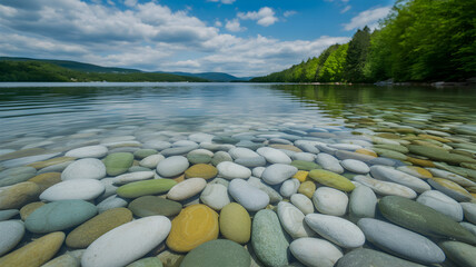 Crystal clear water reveals smooth colorful pebbles on a serene lakebed with lush green trees and blue sky.