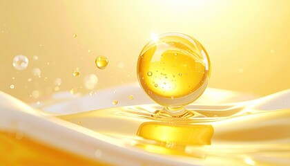 Golden serum drop with bubbles floating over wavy yellow and white background